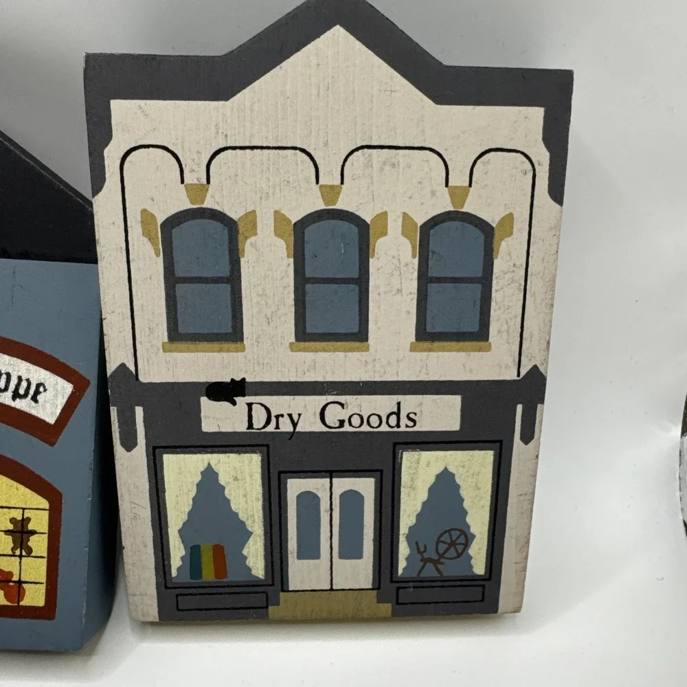 Lot 3 The Cats Meow 1985s Wood Shelf Sitter Toy Shoppe Dry Goods Store Town Hall